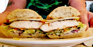 Grilled Chicken Sandwich made from a chicken fillet and part of a store bought salad kit