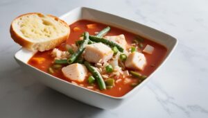 Pacific Halibut Soup made from tomatoes, rice, green beans, onion and halibut