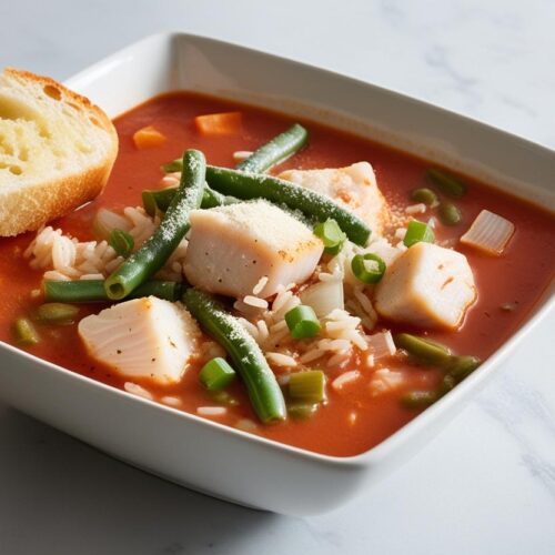 Pacific Halibut Soup made from tomatoes, rice, green beans, onion and halibut