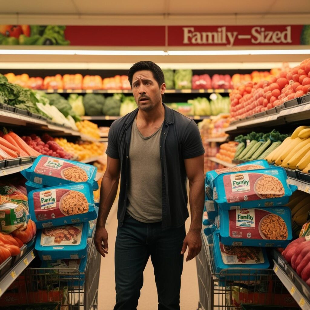 a single person trying to shop in a grocery store looking upset because everything is made for families
