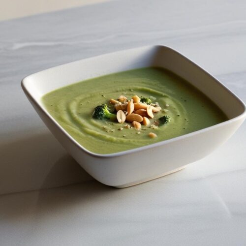bowl of broccoli soup in a plain white square bowl garnished lightly with salted peanuts, sitting on a light marble countertop