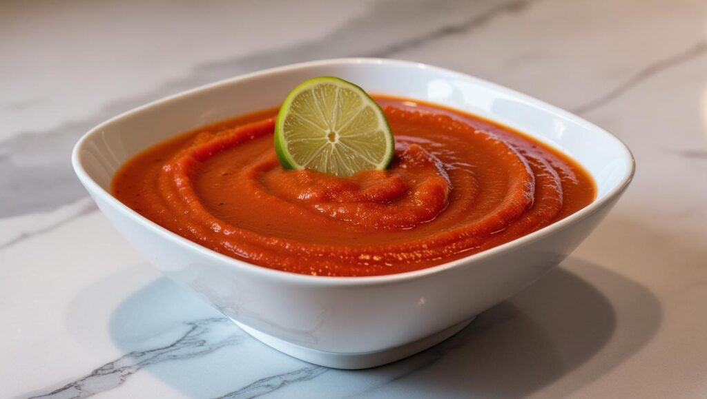 bowl of gazpacho in a white square bowl with a lime wedge garnishment sitting atop a light marble counter