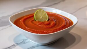 bowl of gazpacho in a white square bowl with a lime wedge garnishment sitting atop a light marble counter