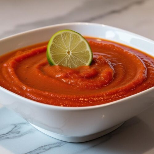bowl of gazpacho in a white square bowl with a lime wedge garnishment sitting atop a light marble counter