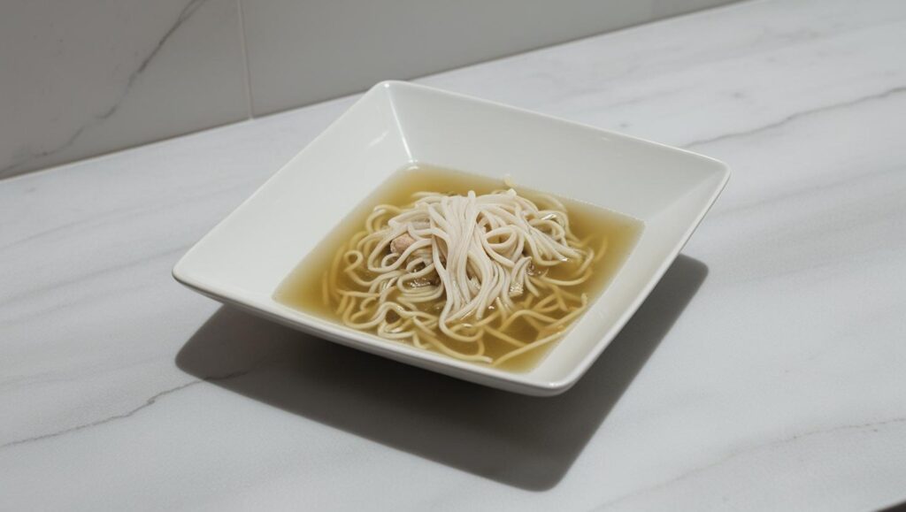 plain square white bowl of vermicelli in a light broth on a light marble counter