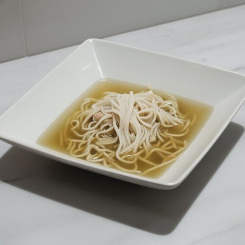 plain square white bowl of vermicelli in a light broth on a light marble counter