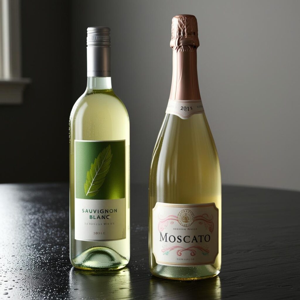 I need a photo image of two bottles of white wine one being a sauvignon blanc or chardonnay and the other being a moscato