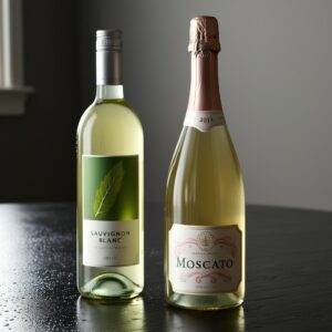 I need a photo image of two bottles of white wine one being a sauvignon blanc or chardonnay and the other being a moscato